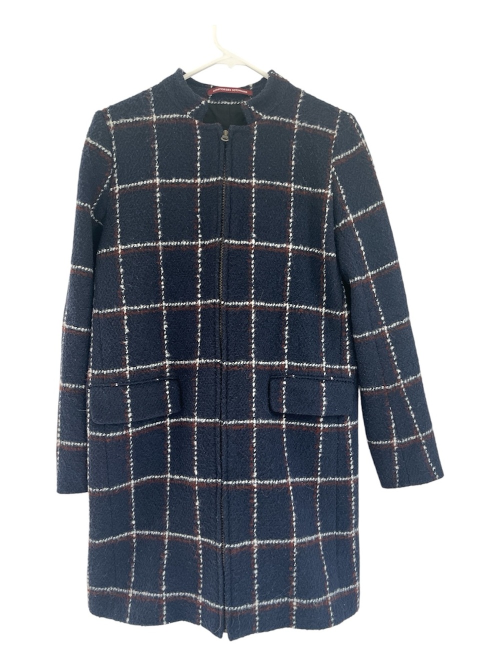 Comptoir Des Cotonniers Navy White Burgundy Plaid Wool Blend Zip Coat XS